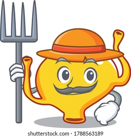 Cartoon character design of bladder as a Farmer with hat and pitchfork