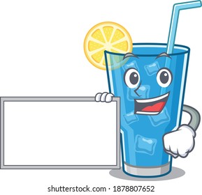 Cartoon character design of blue lagoon cocktail holding a board