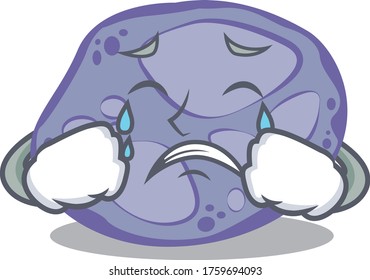 Cartoon character design of blue planctomycetes with a crying face