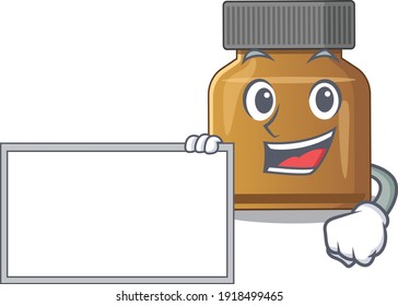 Cartoon character design of bottle vitamin b holding a board
