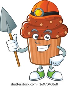 cartoon character design of chocolate cupcake work as a miner