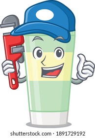 cartoon character design of cleansing foam as a Plumber with tool