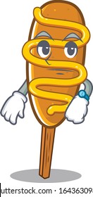 cartoon character design of corn dog on a waiting gesture