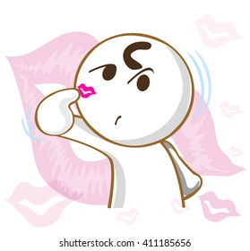 Cartoon character design cute acting his finger pointing to his face have lipstick kiss from pretty girl and background are lipstick kiss soft color