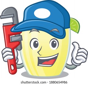 cartoon character design of daiquiri cocktail as a Plumber with tool
