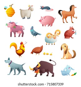 Cartoon character design of farm animals. Cute pets. Isolated vector illustration on white background.