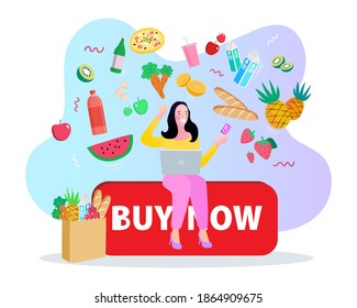 Cartoon character design. Fast delivery. Order food, grocery online from app by smart phone. Flat vector illustration.

