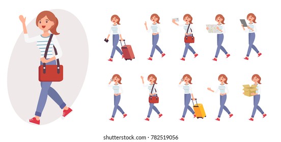 Cartoon character design female collection in ten different pose and gesture