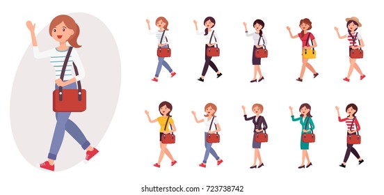 Cartoon character design female girl studen wave hand saying hello collection