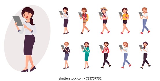 Cartoon character design female office lady standing watching tablet collection