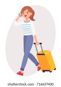 Cartoon character design female talk on the phone travel with luggage
