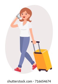 Cartoon character design female talk on the phone travel with luggage