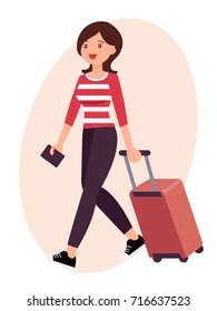 Cartoon character design female travel with luggage and passport on the way to airport