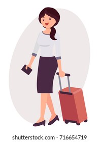 Cartoon character design female travel with luggage and passport on the way to airport