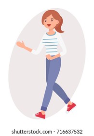Cartoon character design female woman stand with welcome gesture smile face