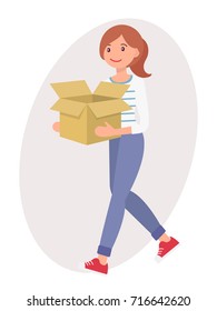 Cartoon character design female woman carry empty paper box with cheerful face