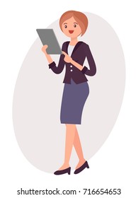 Cartoon character design female woman stand watching tablet with happy face