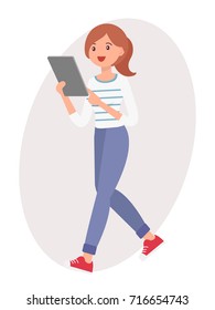 Cartoon character design female woman stand watching tablet with happy face