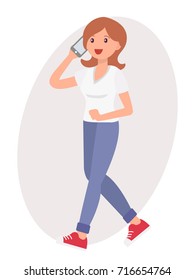 Cartoon character design female woman talk on the smart phone happily