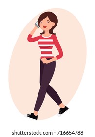 Cartoon character design female woman talk on the smart phone happily