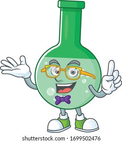 Cartoon character design of Geek green chemical bottle wearing weird glasses