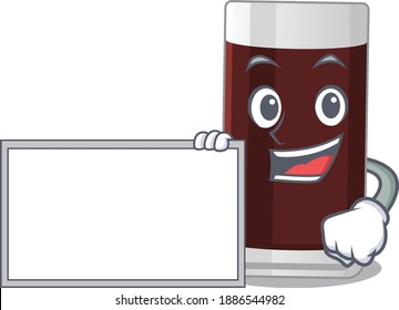 Cartoon character design of  glass of chocolate holding a board . Vector illustration