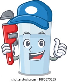 cartoon character design of glass of water as a Plumber with tool. Vector illustration