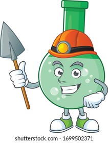 cartoon character design of green chemical bottle work as a miner