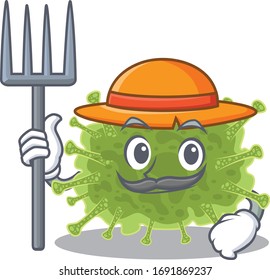 Cartoon character design of haploviricotina as a Farmer with hat and pitchfork