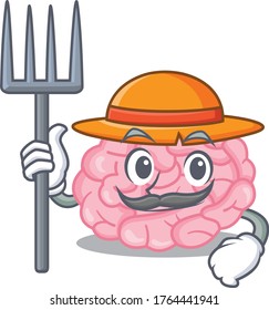 Cartoon character design of human brain as a Farmer with hat and pitchfork