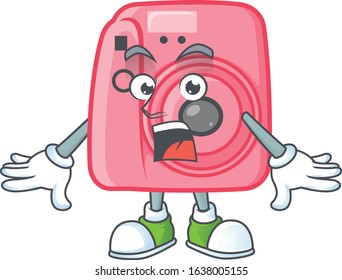 cartoon character design of instan camera with a surprised gesture