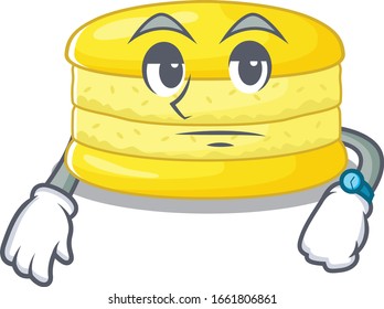 cartoon character design of lemon macaron on a waiting gesture