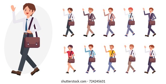 Cartoon character design male business man wave hand greeting say hello collection