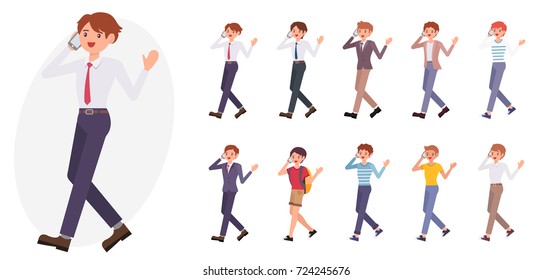 Cartoon character design male business man talk with smart phone happily collection