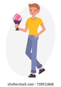 Cartoon character design male man holding flower bouquet wait for lover