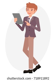 Cartoon character design male man watch and point at tablet with smile face