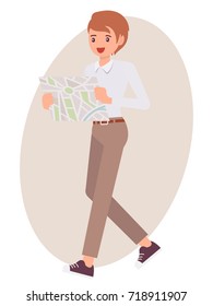 Cartoon character design male man watch map look for the way