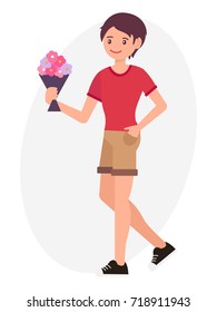 Cartoon character design male man holding flower bouquet wait for lover