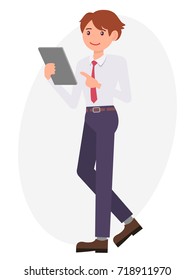 Cartoon character design male man watch and point at tablet with smile face