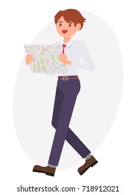 Cartoon character design male man watch map look for the way