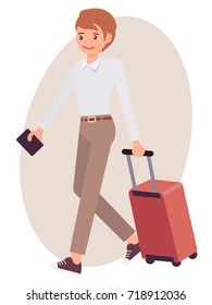 Cartoon character design male man travel with luggage passport