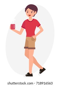 Cartoon character design male man hold coffee cup document file