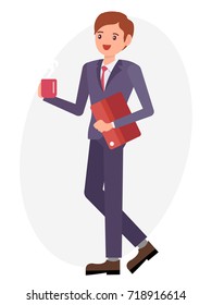 Cartoon character design male man hold coffee cup document file