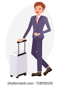 Cartoon character design male man stand beside luggage cheerfully