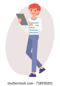 Cartoon character design male man watch and point at tablet with smile face