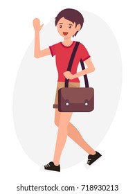 Cartoon character design male man with leather shoulder bag wave hand say hello