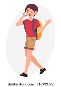 Cartoon character design male man walking talk on the phone cheerfully