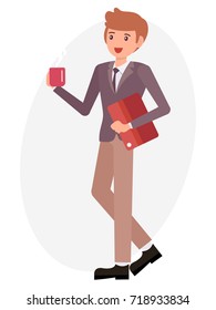 Cartoon character design male man hold coffee cup document file