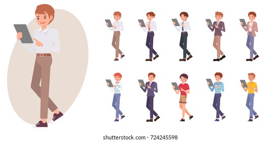 Cartoon character design male man stand watching pointing tablet collection