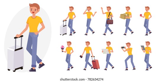 Cartoon character design male man collection in ten different pose and gesture